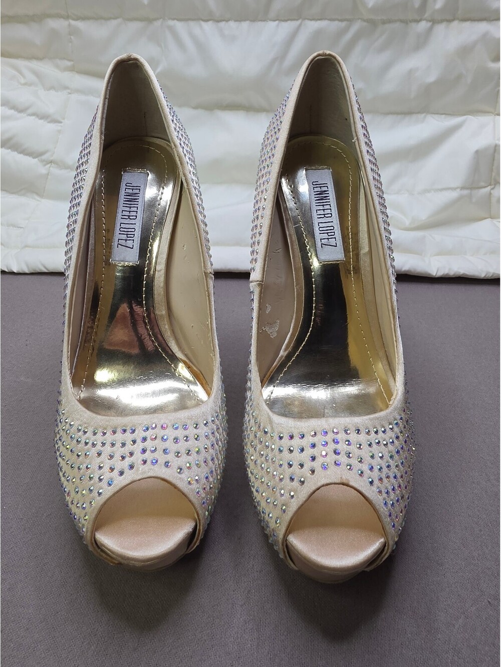 Jennifer Lopez JL Blingy Blush Rhinestone Peep Toe Platform Heels Size 6 - Picture 2 of 9